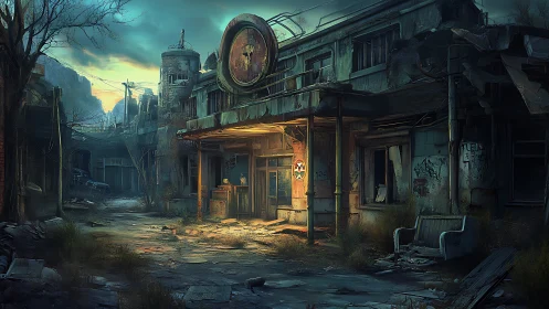 Derelict street scene shows decayed commercial building