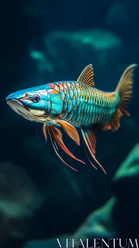Iridescent arowana glides through deep blue aquarium water