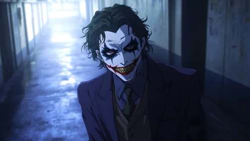 Smiling clown-faced man walks in dim, narrow corridor