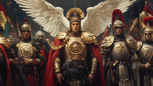 Winged golden commander leading steadfast imperial guard.