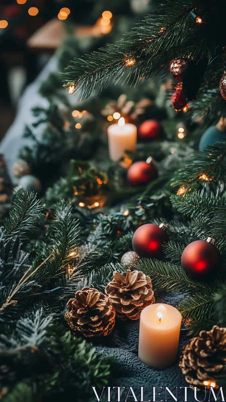 Soft candlelight glows among festive pine and ornaments