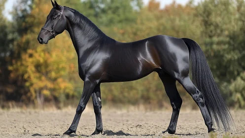 Midnight black horse walks calmly across a quiet arena