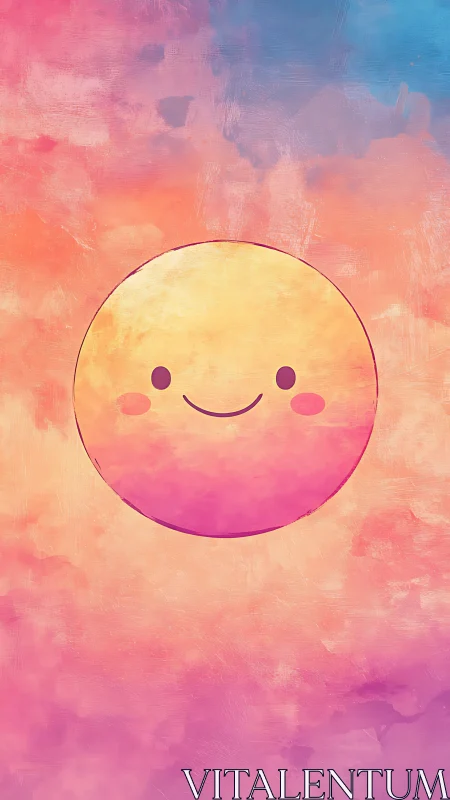 Smiling pastel sun on soft pink and blue gradient sky.
