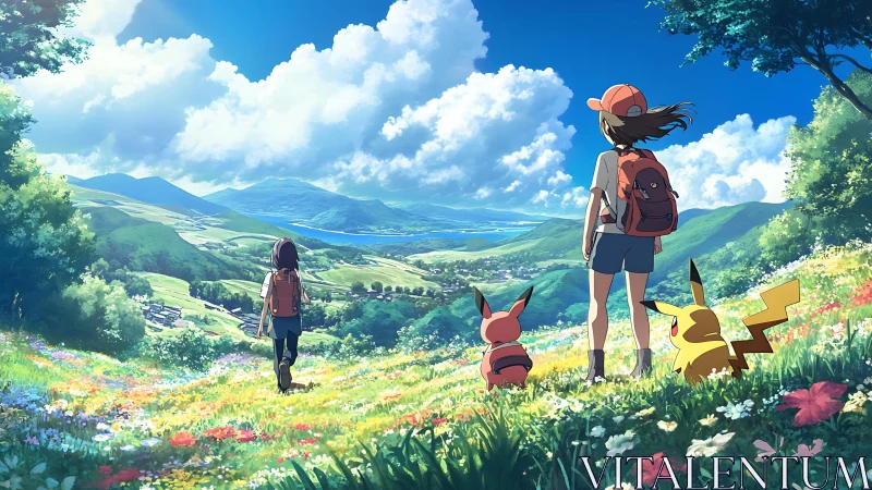 Young hikers and creatures gaze over a sunlit valley