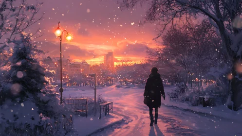 Snowy city sunset walk wrapped in quiet winter magic.