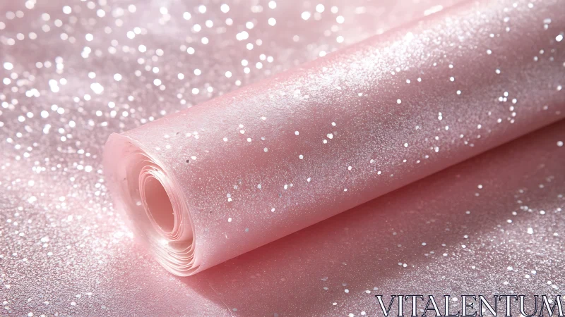 Rolled pink glitter wrapping film on matching surface.
