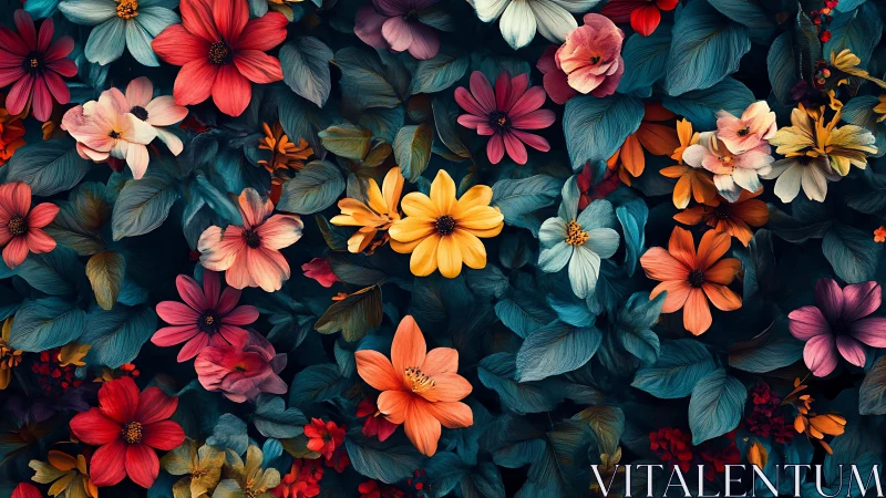 Vibrant floral composition with layered blooms on dark teal background.
