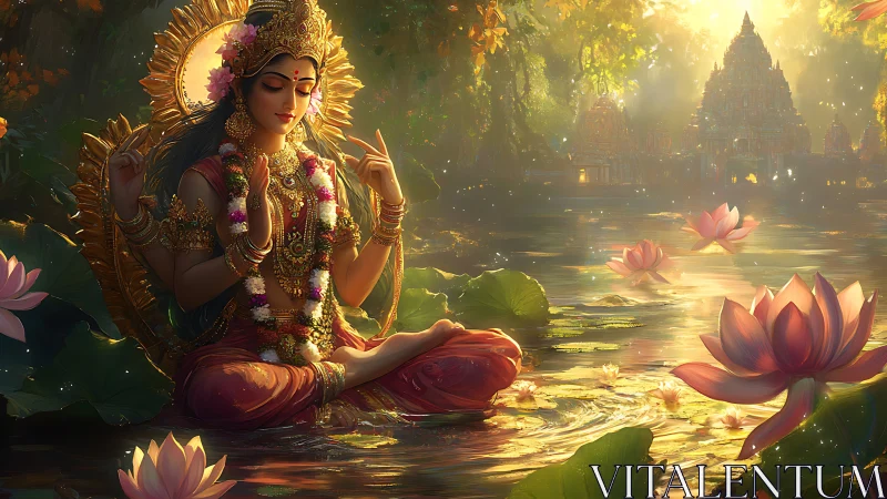 Lotus crowned goddess inhales sunrise over a jeweled river
