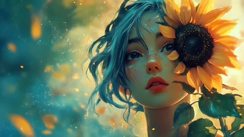 Digital portrait shows young figure with sunflower partially obscuring face