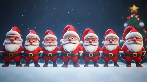 Seven stylized Santa figures stand in snowy festive lineup.
