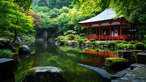 Refined Japanese garden pavilion mirrored in still pond.
