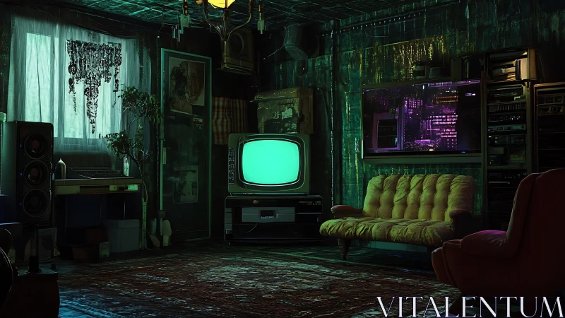 Retro living room interior shows CRT television and sofas