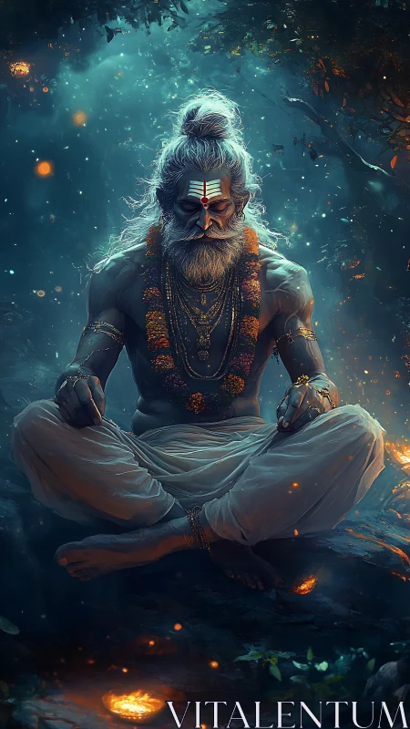 Mystic yogi meditates amid glowing forest embers at night