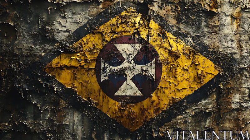 Weathered industrial emblem on decayed rusted surface.