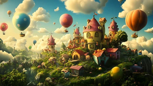 Whimsical cliffside village floats beneath playful balloons