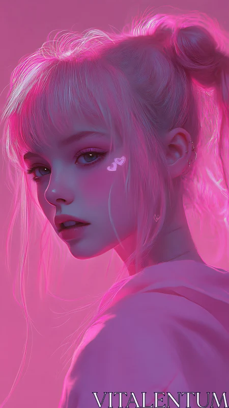 Soft neon glow wraps a dreamy girl in gentle pink light