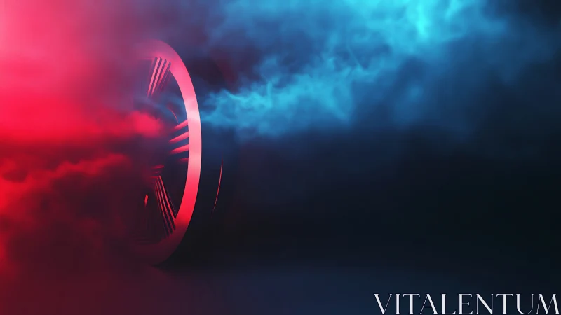 Bold turbine wheel glows through swirling red and blue mist