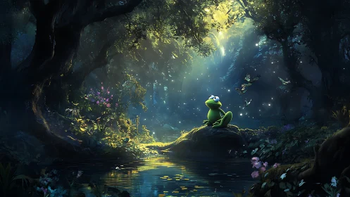 Dreamy frog philosopher basking in enchanted forest light.