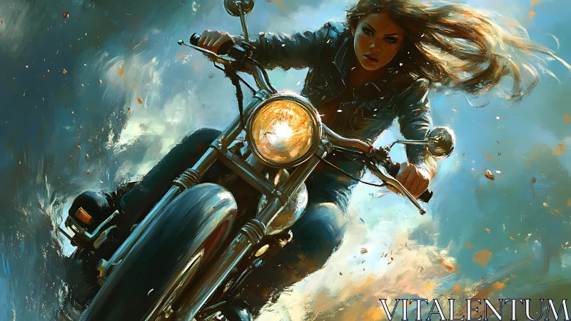 Storm-chasing biker girl racing through painted skies.