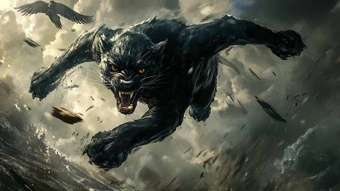 Storm-borne black panther leaping through roaring skies.