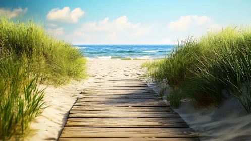 Wooden boardwalk through sand dunes toward calm sea.