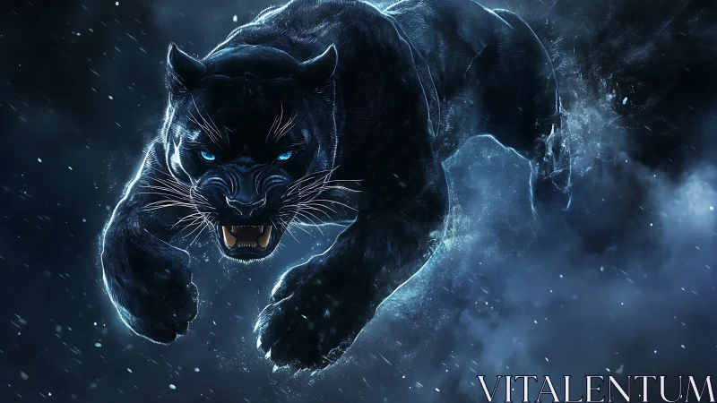 Black Panther with Glowing Eyes in Icy Storm.