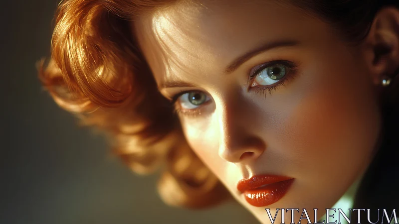 Sunlit copper curls frame a hypnotic emerald gaze in closeup.