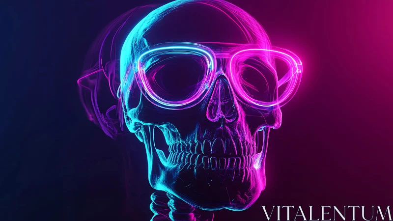 Neon-lit transparent skull wearing glowing cyber glasses.