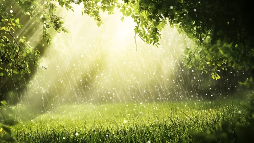 Sunlit summer rain over vibrant green forest clearing.