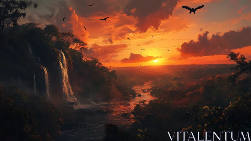Cinematic tropical canyon river and waterfalls at sunset glow