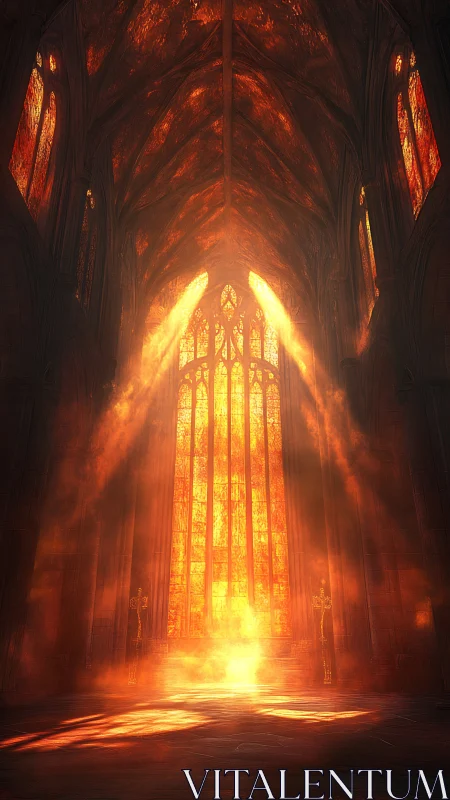 Cathedral Interior Illuminated by Intense Golden Light Source.