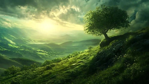Lone hilltop tree greeting an emerald stormlit sunrise.