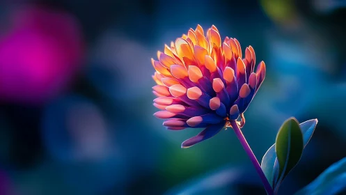 Blooming flower with gradient stem against blue background.