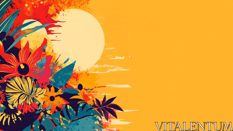 Vibrant tropical florals intersect a stylized solar disc