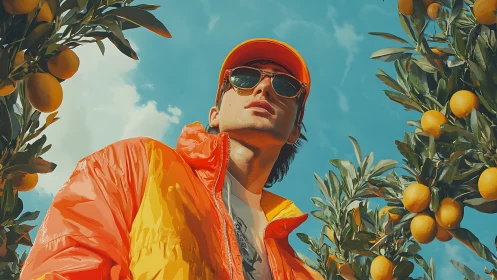 Man in orange jacket and cap among citrus trees outdoors.