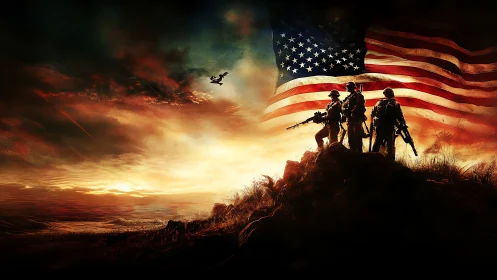 Silhouetted soldiers stand before a large American flag at dusk