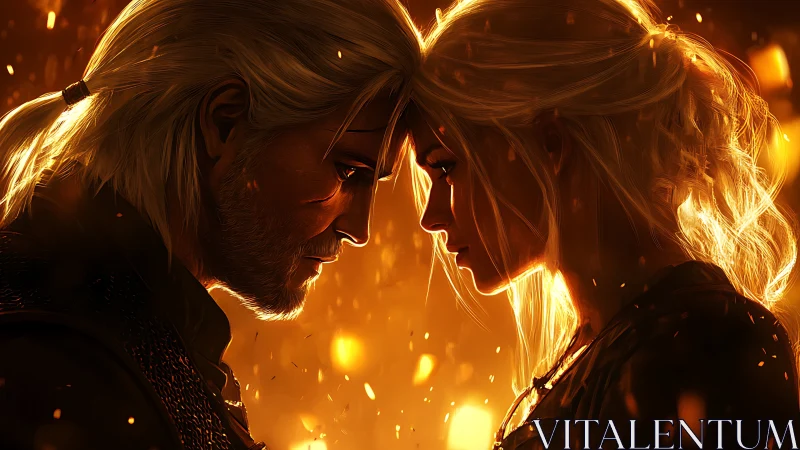 Two figures backlit by golden luminescence share intimate moment