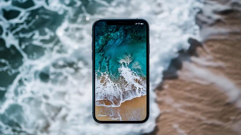 Photorealistic smartphone levitation over dynamic shoreline.