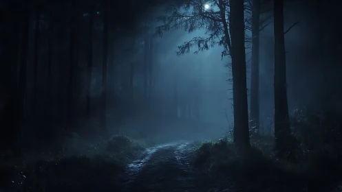 Moonlit Forest Path Wrapped in Mystical Mist