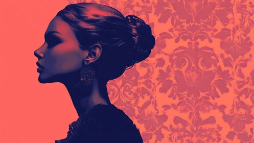 Profile portrait in coral duotone with ornate damask backdrop.