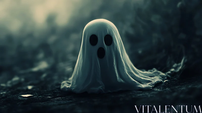 Tiny spectral ghost in misty forest with soft lighting.