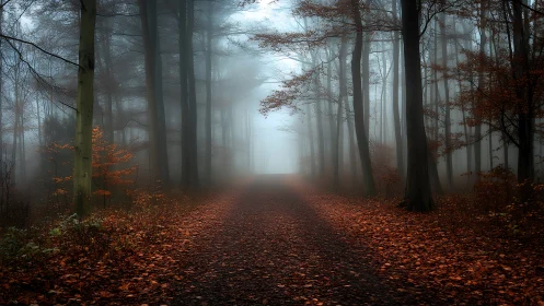 Autumn's Misty Corridor: Where Light Beckons Through Bare Trees.