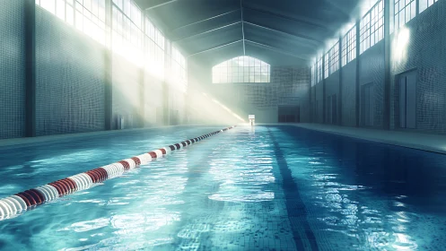 Indoor swimming pool with lane divider under soft light.