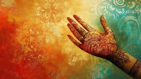 Intricate mehndi hand on warm orange teal background.