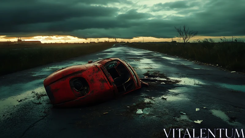 Overturned red car shell on wet rural roadside at dusk.