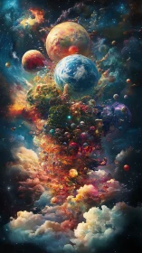 Multi-planetary cosmic vortex rising from iridescent nebular clouds