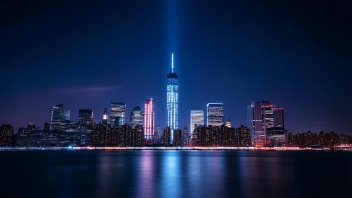 High-rise city skyline stands illuminated over calm water