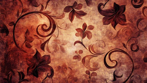 Vintage floral swirl pattern on textured brown background.