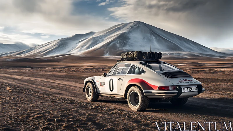 Rally-modified classic coupe on desert road before mountains.