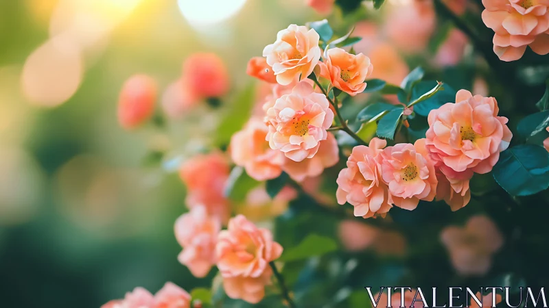 Shallow-Depth Bokeh Garden Study of Layered Coral Rose Blooms